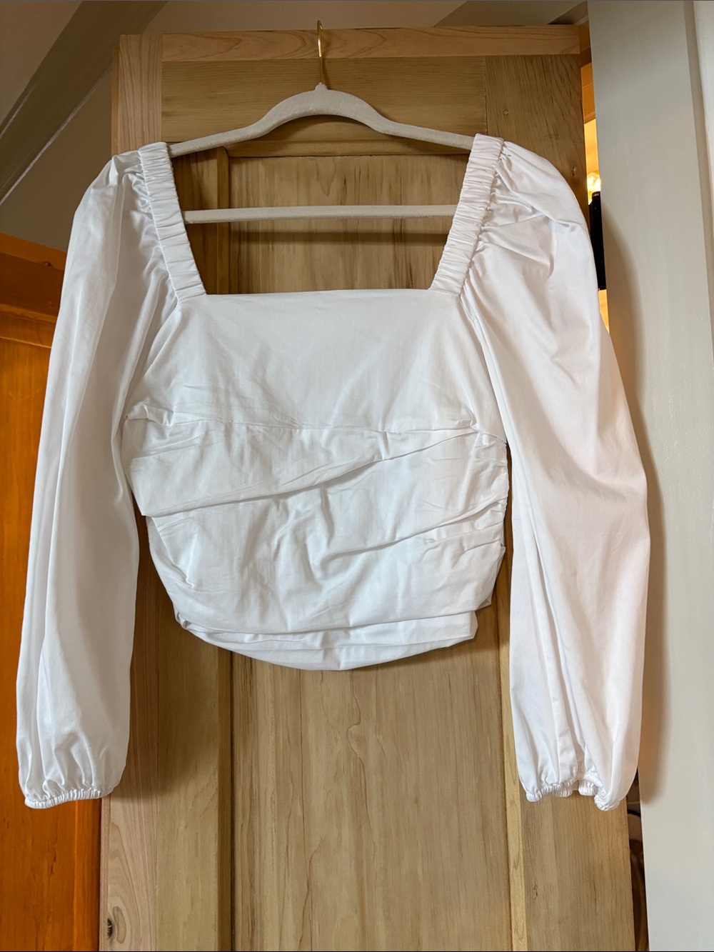 Veronica Beard White Square-Neck Puff Sleeve Crop Blouse